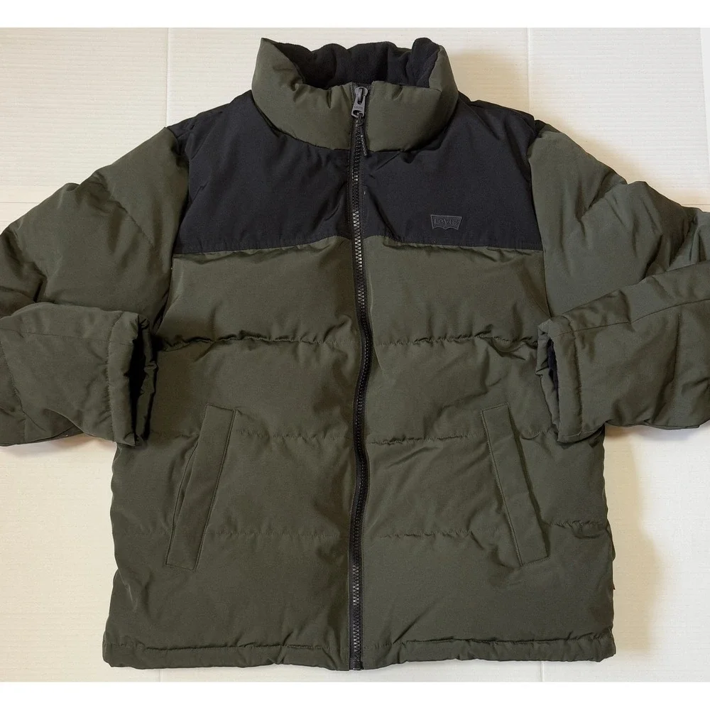LEVIS - Men's Stand Collar Logo‎ Puffer Jacket - Olive Black - Size Large